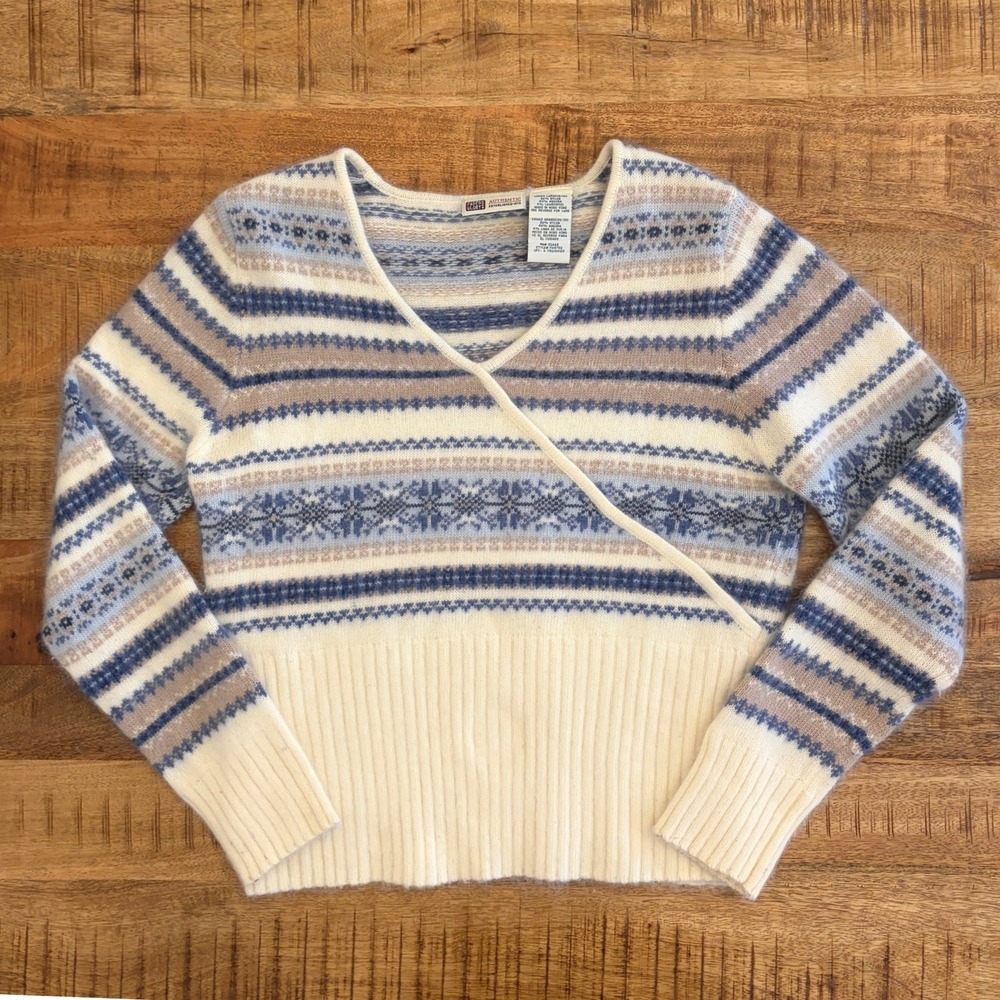 Vintage Faded Glory Faux Wrap Sweater Women L Y2K Fair Isle Angora Lambswool